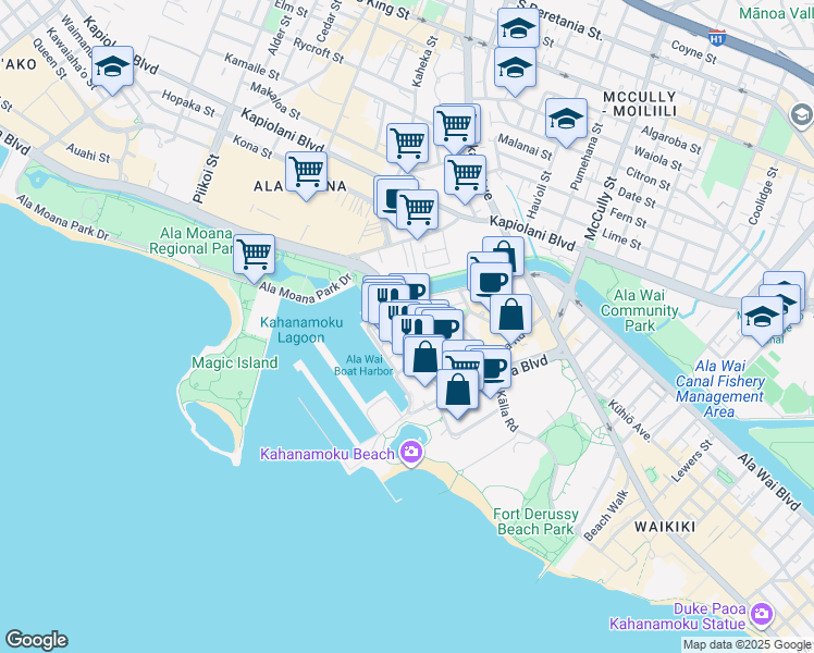 map of restaurants, bars, coffee shops, grocery stores, and more near 1700 Hawaii 92 in Honolulu