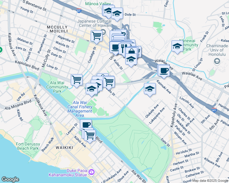 map of restaurants, bars, coffee shops, grocery stores, and more near 2542 Date Street in Honolulu