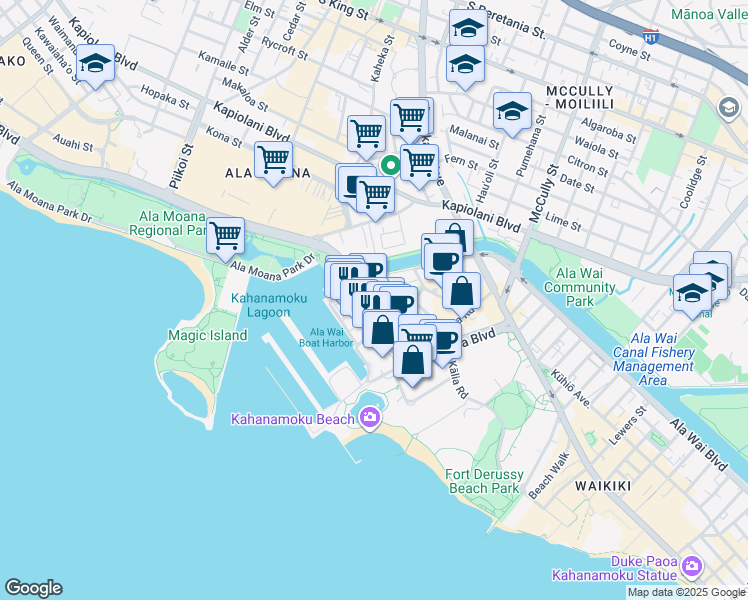map of restaurants, bars, coffee shops, grocery stores, and more near 1700 Hawaii 92 in Honolulu