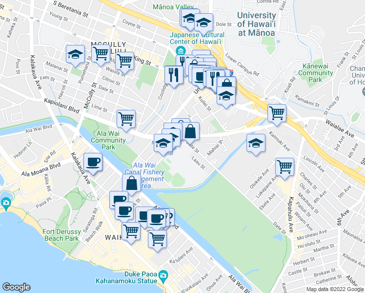map of restaurants, bars, coffee shops, grocery stores, and more near 581 Kamoku Street in Honolulu