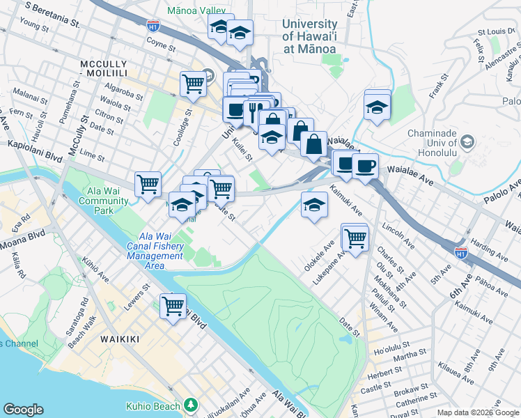 map of restaurants, bars, coffee shops, grocery stores, and more near 736 Mahiai Street in Honolulu