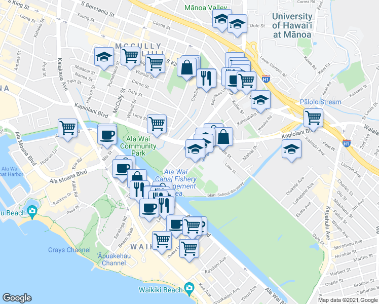 map of restaurants, bars, coffee shops, grocery stores, and more near 573 Lauiki Street in Honolulu
