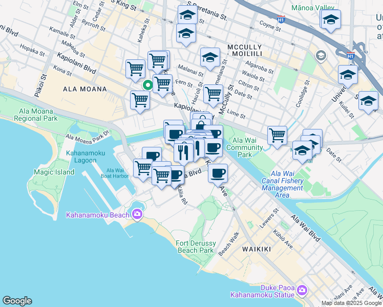 map of restaurants, bars, coffee shops, grocery stores, and more near in Honolulu
