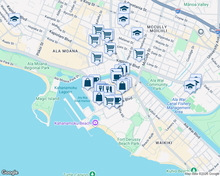 map of restaurants, bars, coffee shops, grocery stores, and more near 357 Hobron Lane in Honolulu