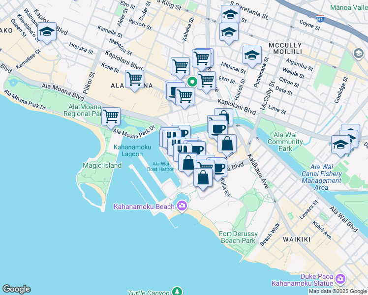 map of restaurants, bars, coffee shops, grocery stores, and more near 1700 Hawaii 92 in Honolulu