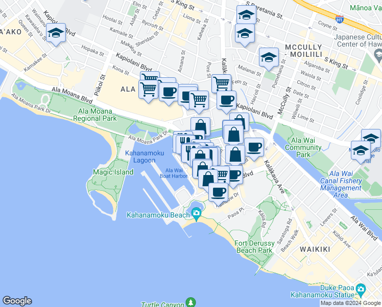 map of restaurants, bars, coffee shops, grocery stores, and more near 1700 Hawaii 92 in Honolulu