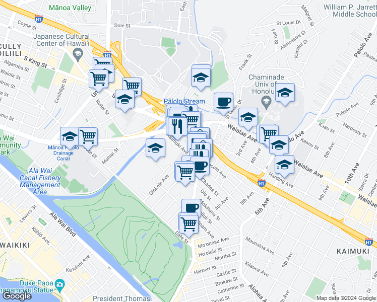 map of restaurants, bars, coffee shops, grocery stores, and more near 2836 Kaimuki Avenue in Honolulu