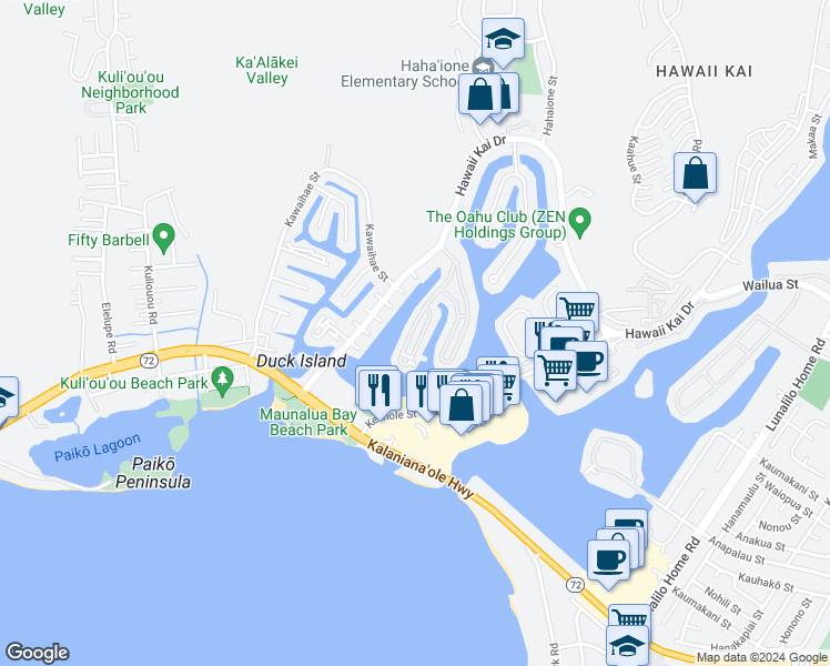 map of restaurants, bars, coffee shops, grocery stores, and more near 223 Opihikao Way in Honolulu