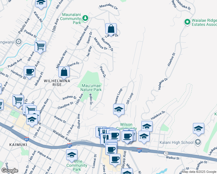 map of restaurants, bars, coffee shops, grocery stores, and more near 4116 Puumalu Place in Honolulu