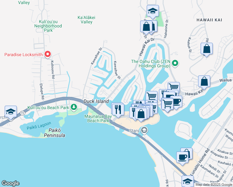 map of restaurants, bars, coffee shops, grocery stores, and more near 6312 Kaiwiki Place in Honolulu
