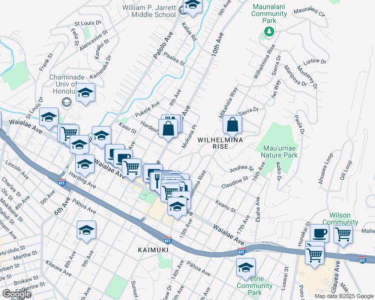 map of restaurants, bars, coffee shops, grocery stores, and more near 1427A Mokuna Place in Honolulu