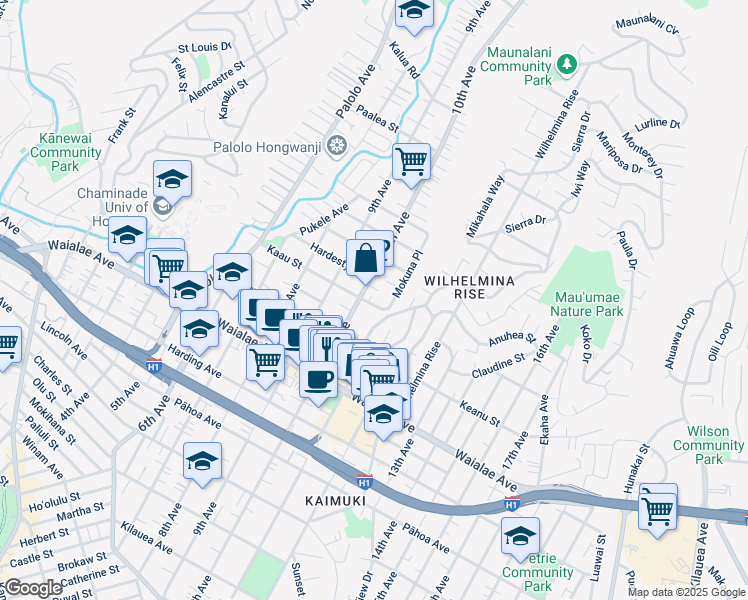 map of restaurants, bars, coffee shops, grocery stores, and more near 3512 Kaau Street in Honolulu