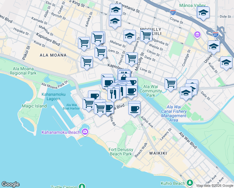 map of restaurants, bars, coffee shops, grocery stores, and more near in Honolulu