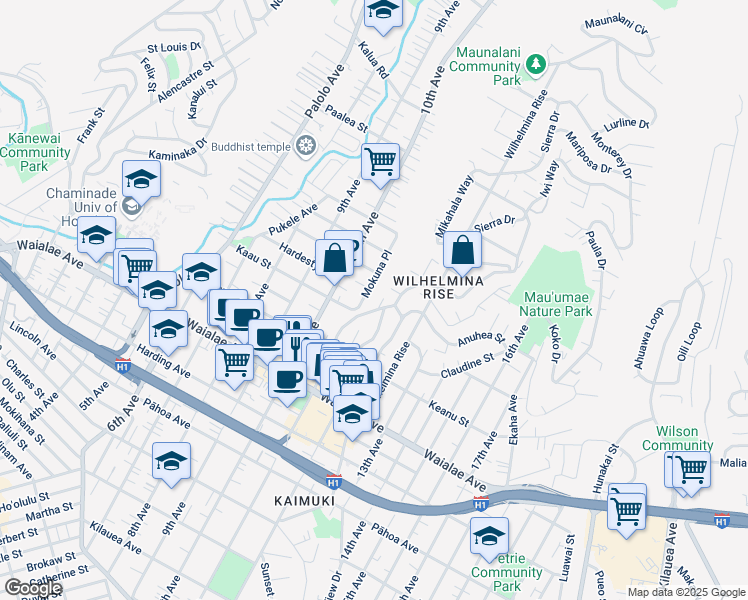 map of restaurants, bars, coffee shops, grocery stores, and more near 1414 Center Street in Honolulu