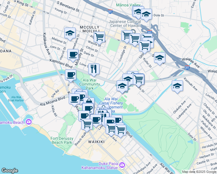 map of restaurants, bars, coffee shops, grocery stores, and more near 500 University Avenue in Honolulu