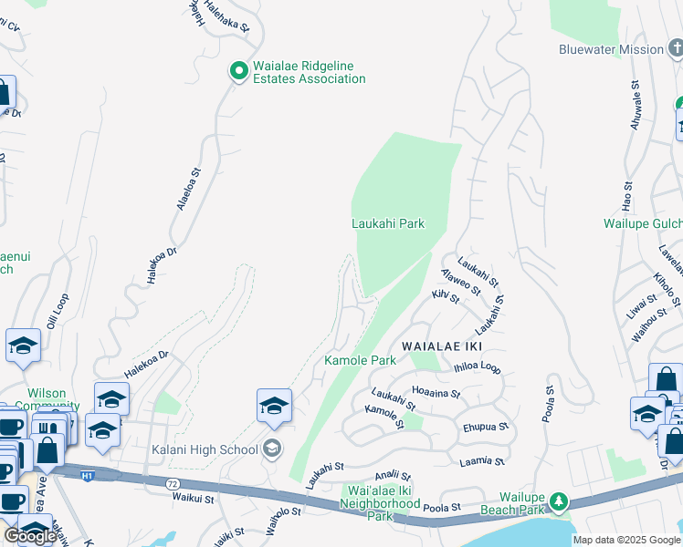 map of restaurants, bars, coffee shops, grocery stores, and more near 1613 Kalaniuka Way in Honolulu