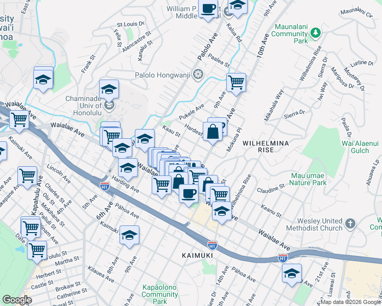 map of restaurants, bars, coffee shops, grocery stores, and more near 3414 Keanu Street in Honolulu