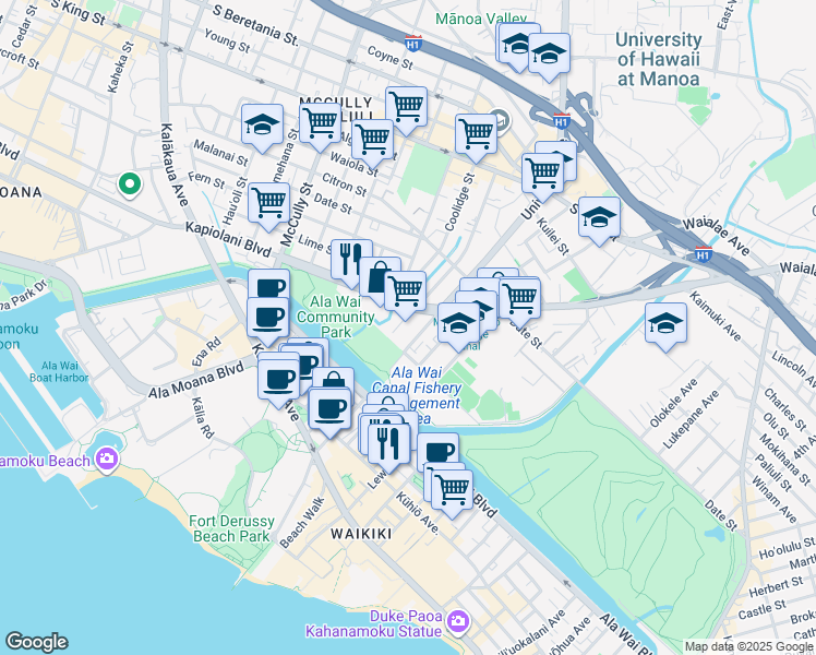 map of restaurants, bars, coffee shops, grocery stores, and more near 500 University Avenue in Honolulu