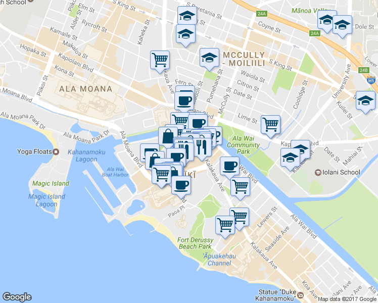 map of restaurants, bars, coffee shops, grocery stores, and more near in Honolulu