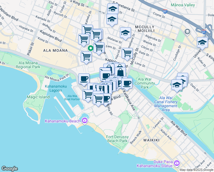map of restaurants, bars, coffee shops, grocery stores, and more near 425 Ena Road in Honolulu