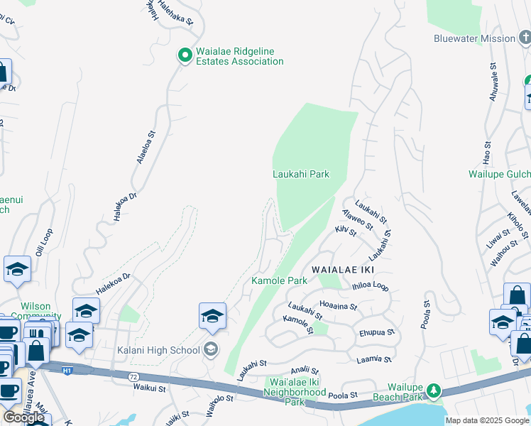 map of restaurants, bars, coffee shops, grocery stores, and more near 1613 Kalaniuka Way in Honolulu