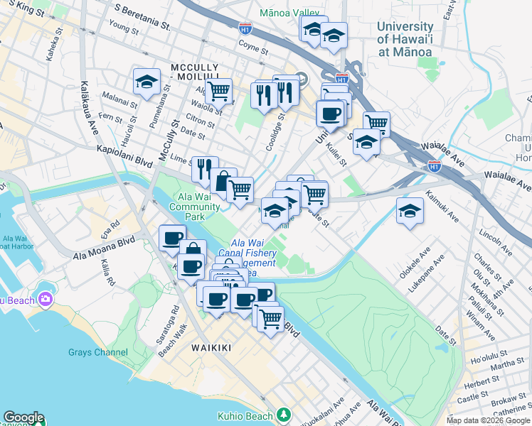map of restaurants, bars, coffee shops, grocery stores, and more near 558 Lauiki Street in Honolulu