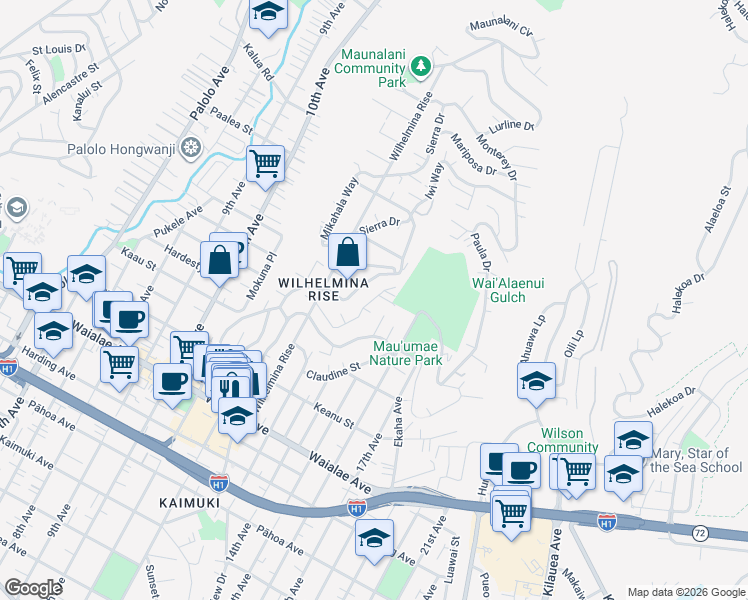 map of restaurants, bars, coffee shops, grocery stores, and more near 3817 Pukalani Place in Honolulu