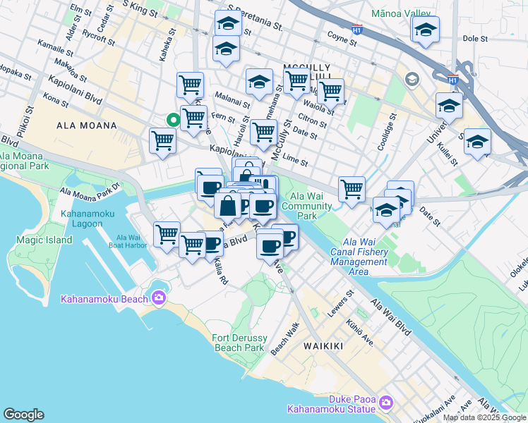 map of restaurants, bars, coffee shops, grocery stores, and more near 413 Niu Street in Honolulu