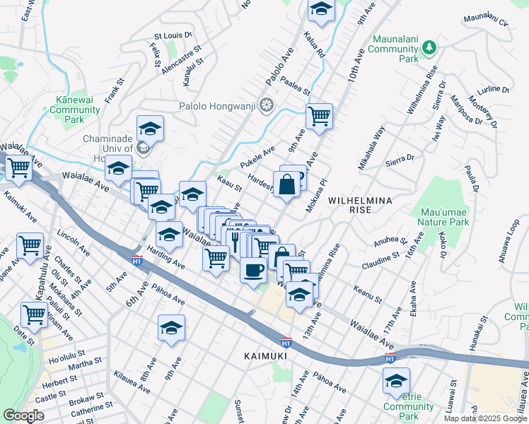map of restaurants, bars, coffee shops, grocery stores, and more near 1340 10th Avenue in Honolulu