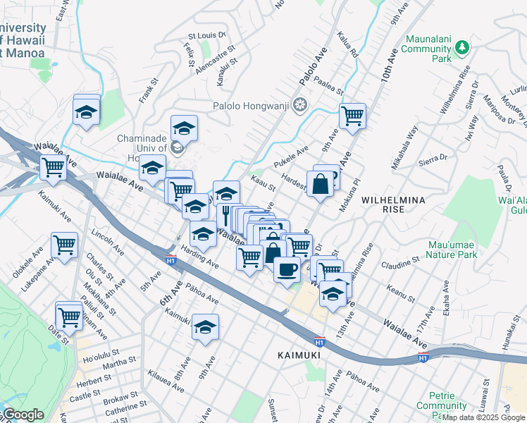 map of restaurants, bars, coffee shops, grocery stores, and more near 1248 8th Avenue in Honolulu
