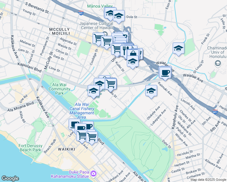map of restaurants, bars, coffee shops, grocery stores, and more near 2543 Date Street in Honolulu
