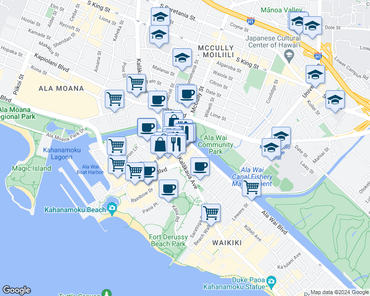 map of restaurants, bars, coffee shops, grocery stores, and more near 413 Niu Street in Honolulu