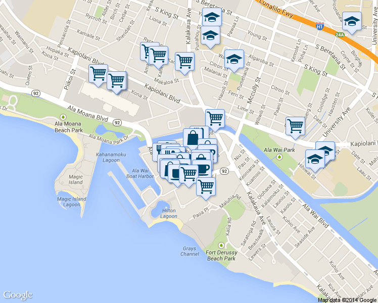 map of restaurants, bars, coffee shops, grocery stores, and more near 357 Hobron Lane in Honolulu