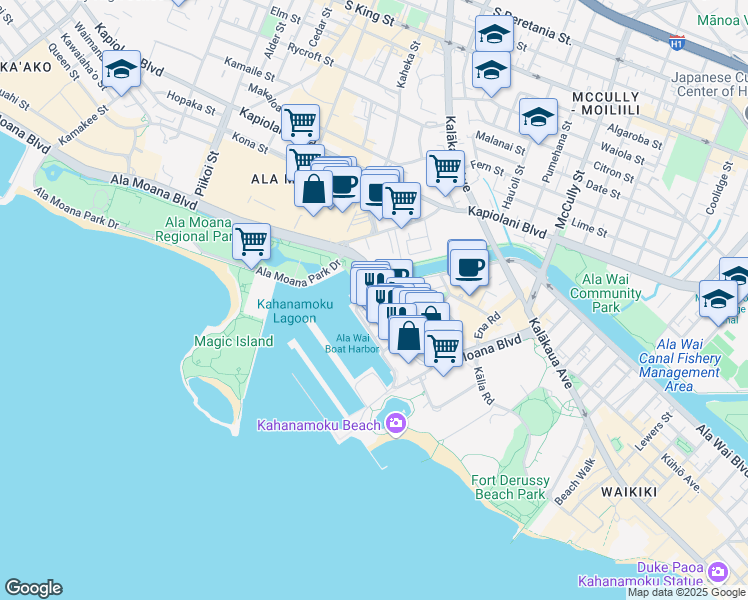 map of restaurants, bars, coffee shops, grocery stores, and more near 33 Holomoana Street in Honolulu