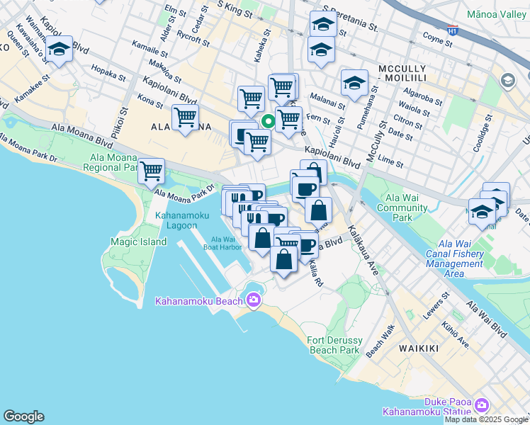 map of restaurants, bars, coffee shops, grocery stores, and more near 1720 Ala Moana Boulevard in Honolulu