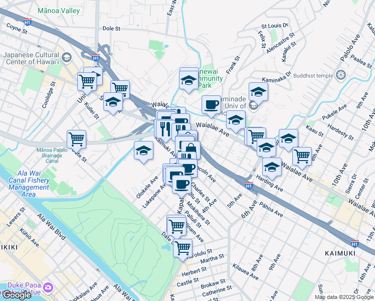 map of restaurants, bars, coffee shops, grocery stores, and more near in Honolulu