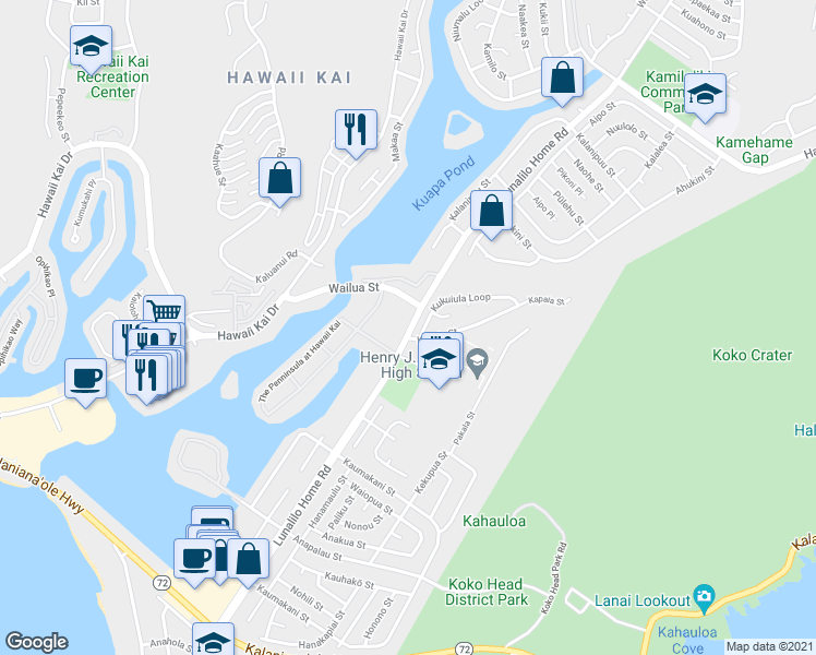 map of restaurants, bars, coffee shops, grocery stores, and more near 520 Lunalilo Home Road in Honolulu