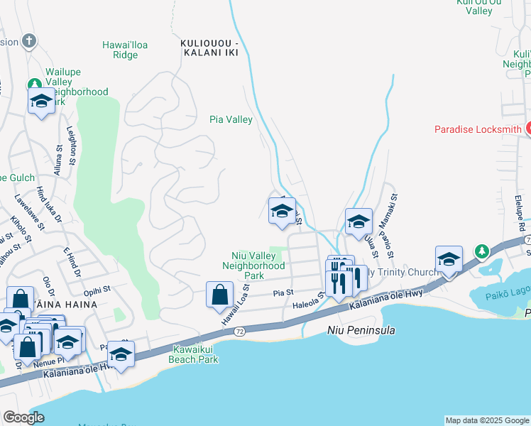 map of restaurants, bars, coffee shops, grocery stores, and more near 5647 Anolike Place in Honolulu