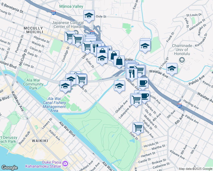 map of restaurants, bars, coffee shops, grocery stores, and more near 2630 Nahaku Place in Honolulu