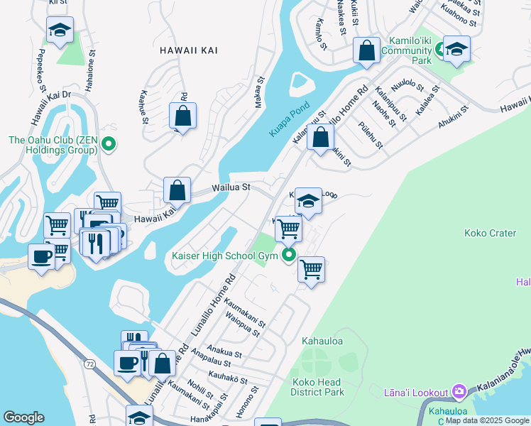 map of restaurants, bars, coffee shops, grocery stores, and more near 520 Lunalilo Home Road in Honolulu