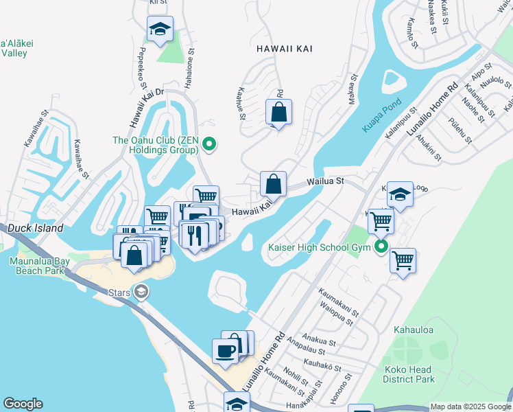 map of restaurants, bars, coffee shops, grocery stores, and more near 7018 Hawaii Kai Drive in Honolulu