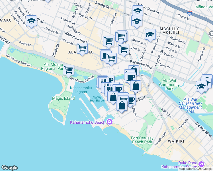 map of restaurants, bars, coffee shops, grocery stores, and more near 1700 Hawaii 92 in Honolulu
