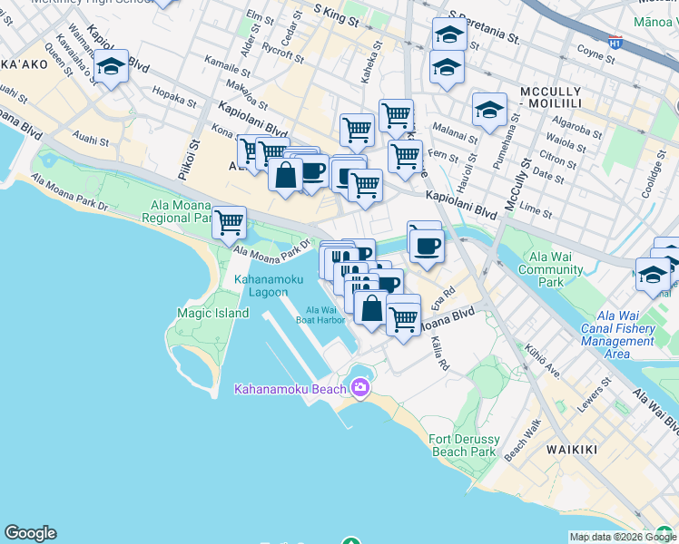 map of restaurants, bars, coffee shops, grocery stores, and more near 34 Holomoana Street in Honolulu