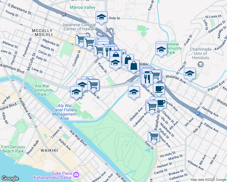 map of restaurants, bars, coffee shops, grocery stores, and more near 2630 Nahaku Place in Honolulu