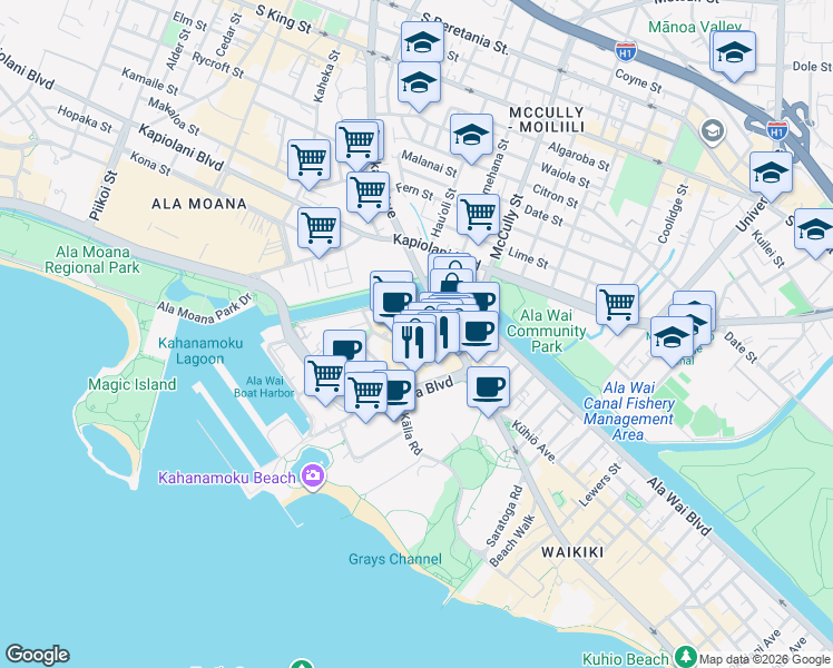map of restaurants, bars, coffee shops, grocery stores, and more near 469 Ena Road in Honolulu