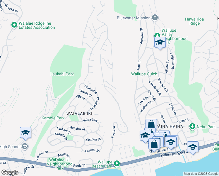 map of restaurants, bars, coffee shops, grocery stores, and more near Kuaiwi Place in Honolulu