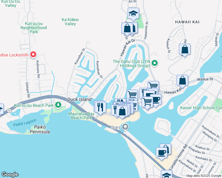 map of restaurants, bars, coffee shops, grocery stores, and more near 223 Opihikao Way in Honolulu