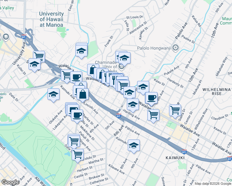 map of restaurants, bars, coffee shops, grocery stores, and more near 1118A 4th Avenue in Honolulu