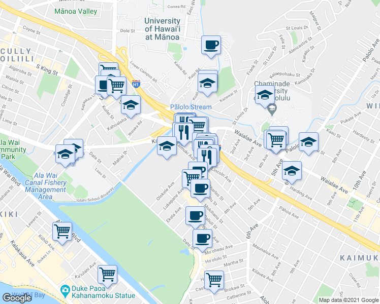 map of restaurants, bars, coffee shops, grocery stores, and more near 2836 Kaimuki Avenue in Honolulu