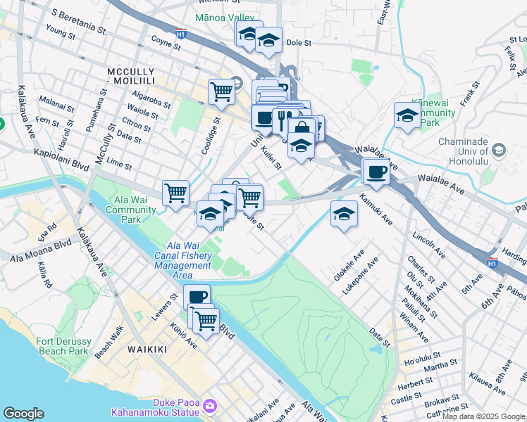 map of restaurants, bars, coffee shops, grocery stores, and more near 2543 Date Street in Honolulu
